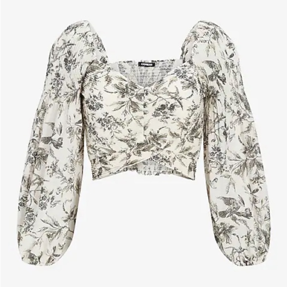 Express Printed Faux Wrap Puff Sleeve Crop Top